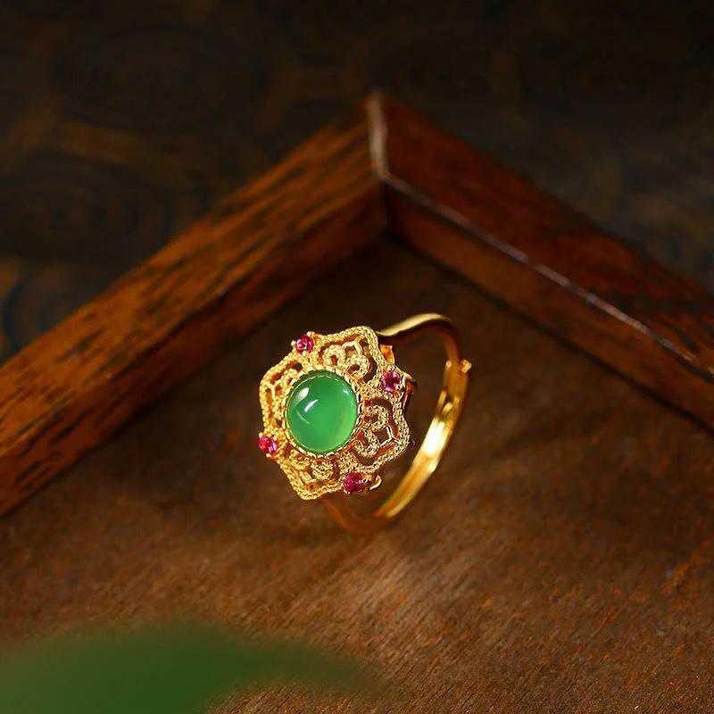 Anello regolabile Buddha Stones Calcedonio verde con motivo cavo - Image 3