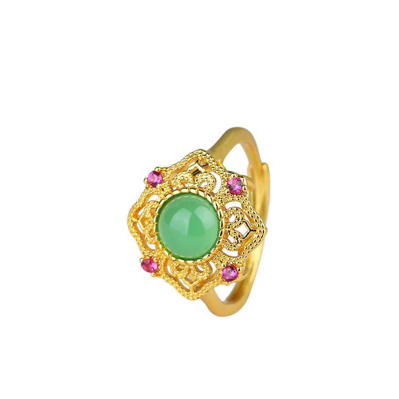 Anello regolabile Buddha Stones Calcedonio verde con motivo cavo - Image 4