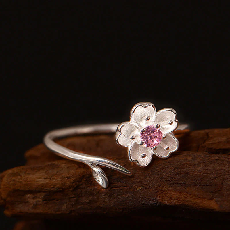 Anello regolabile Buddha Stones in argento sterling 925 con fiore di ciliegio Sakura e benedizione - Image 2