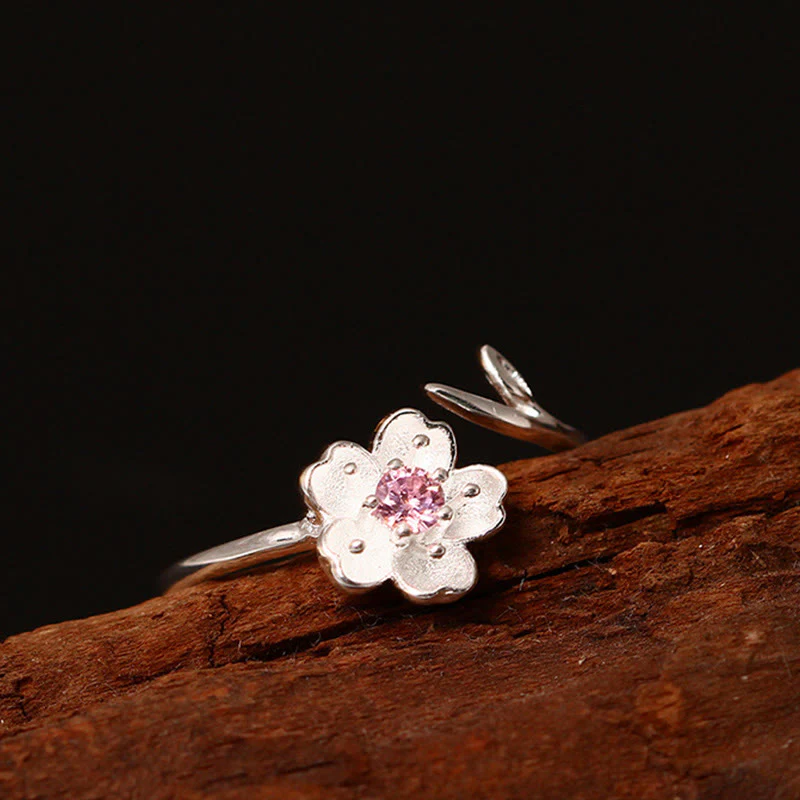Anello regolabile Buddha Stones in argento sterling 925 con fiore di ciliegio Sakura e benedizione - Image 4