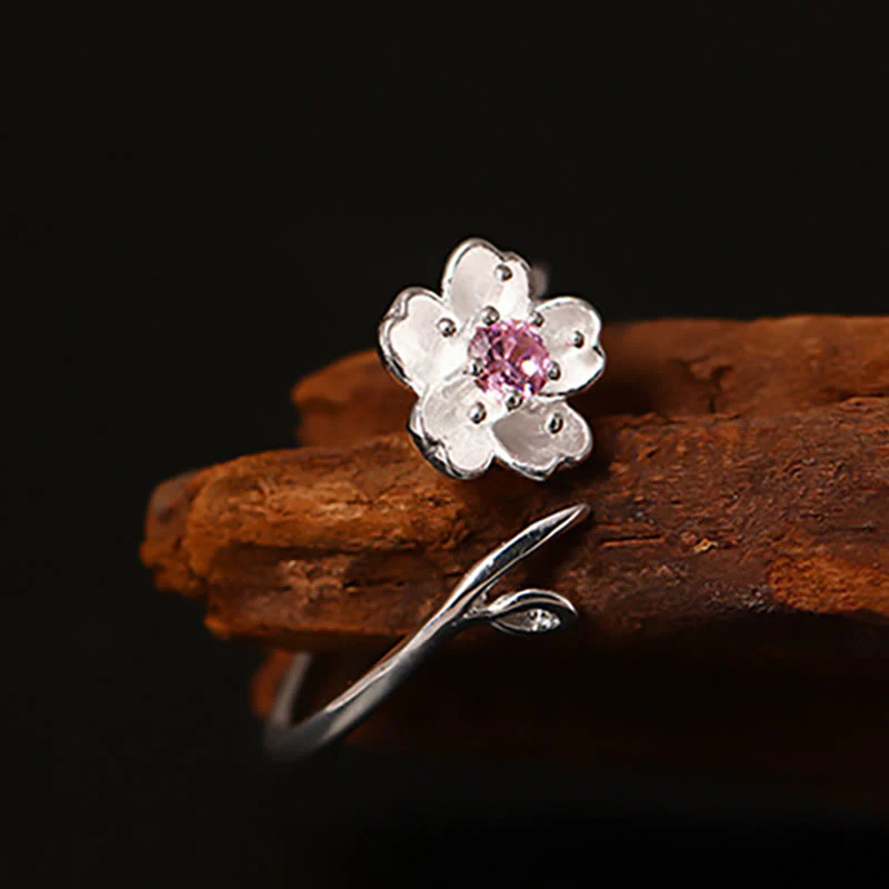 Anello regolabile Buddha Stones in argento sterling 925 con fiore di ciliegio Sakura e benedizione - Image 9