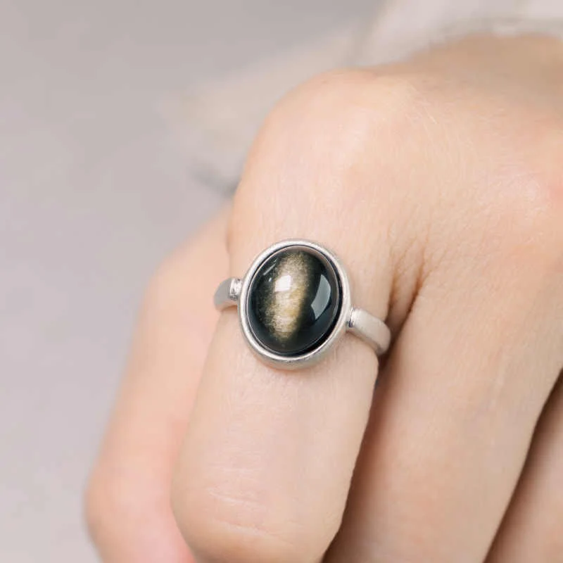 Anello regolabile con Buddha Stones in argento sterling 925 naturale con ossidiana e lucentezza dorata - Image 2