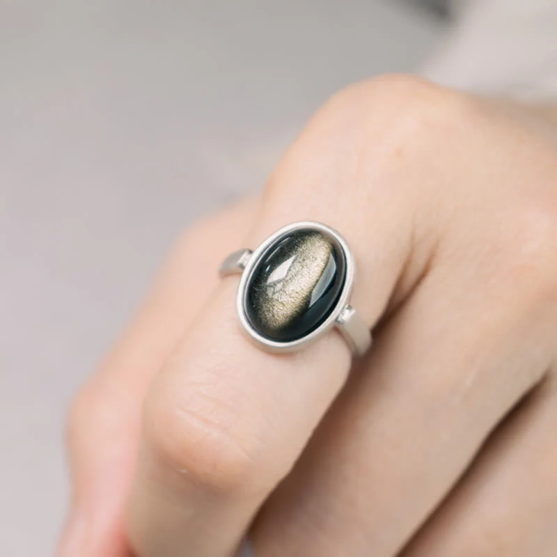 Anello regolabile con Buddha Stones in argento sterling 925 naturale con ossidiana e lucentezza dorata - Image 7