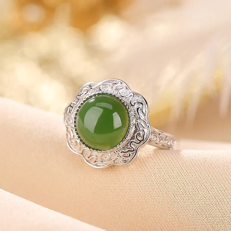 Anello regolabile con design a forma di fiore in giada ciano Hetian in argento sterling 925 Buddha Stones - Image 2