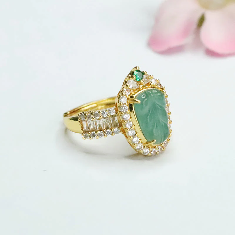 Anello regolabile con foglia di giada naturale placcata in oro Buddha Stones e diamanti pieni - Image 2