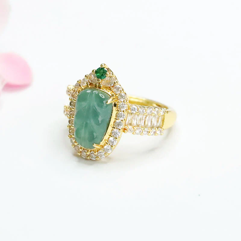 Anello regolabile con foglia di giada naturale placcata in oro Buddha Stones e diamanti pieni - Image 3