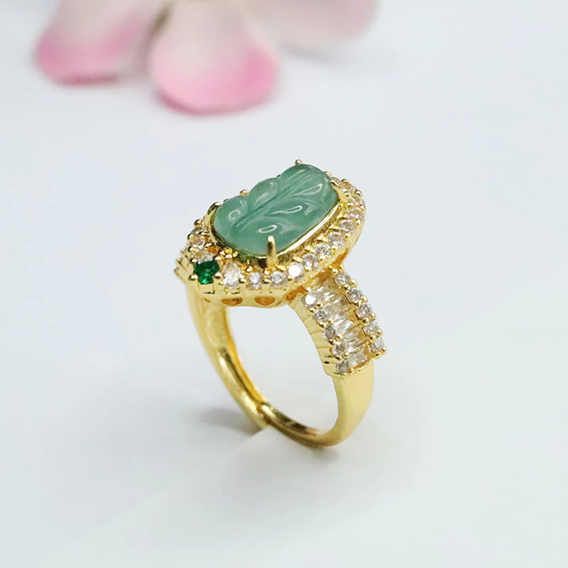 Anello regolabile con foglia di giada naturale placcata in oro Buddha Stones e diamanti pieni - Image 4
