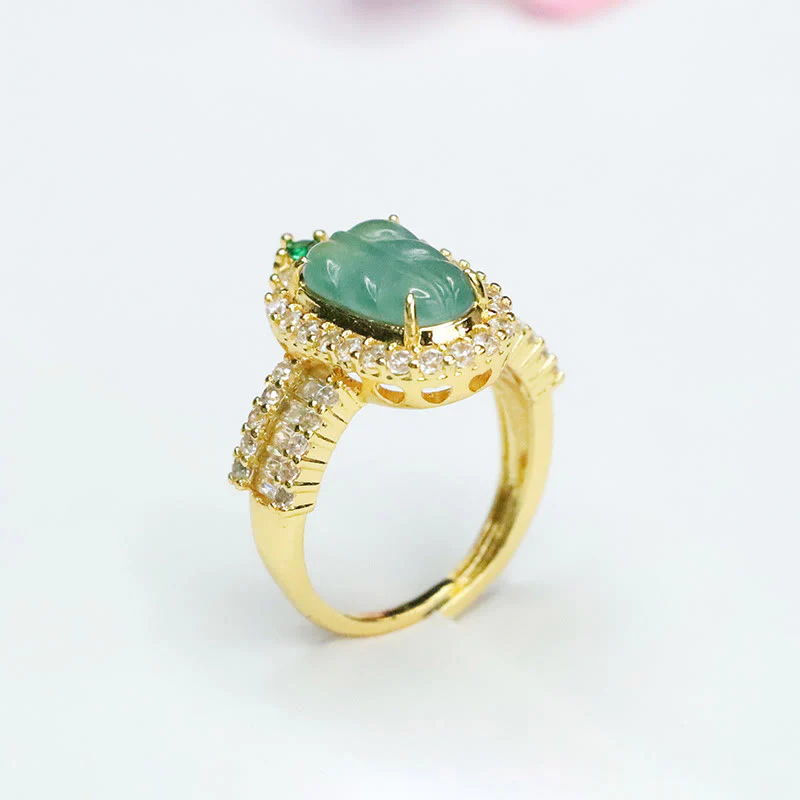 Anello regolabile con foglia di giada naturale placcata in oro Buddha Stones e diamanti pieni - Image 5