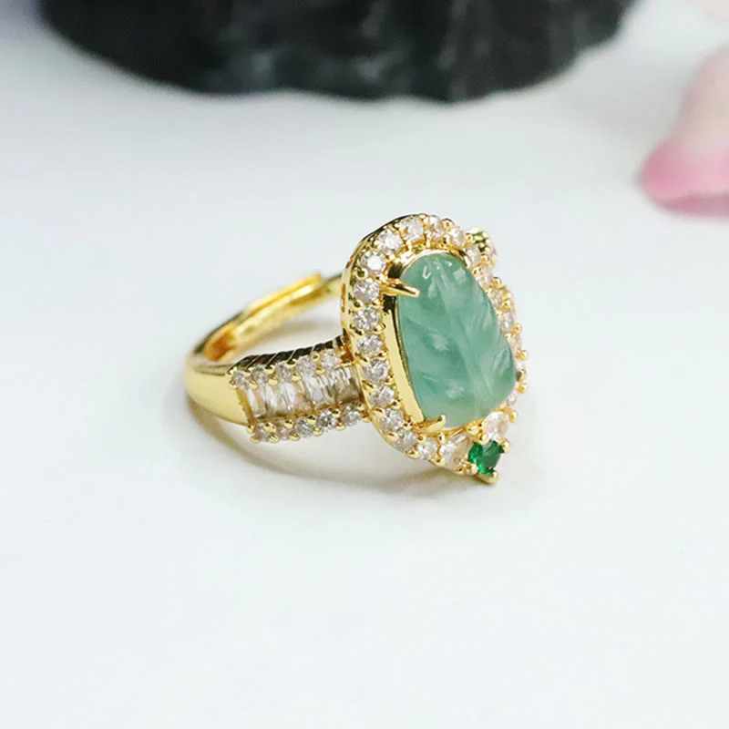 Anello regolabile con foglia di giada naturale placcata in oro Buddha Stones e diamanti pieni - Image 6