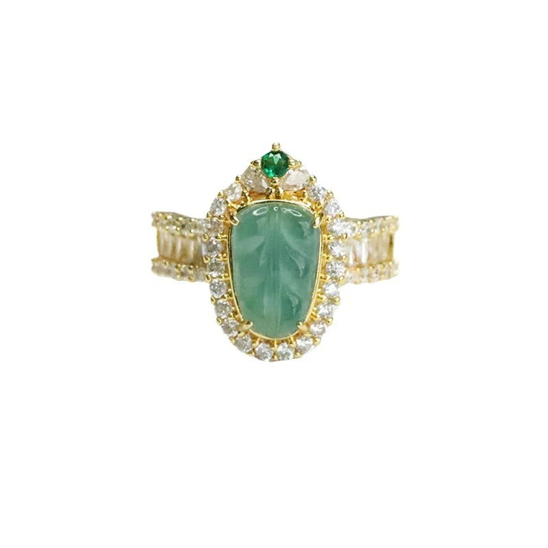 Anello regolabile con foglia di giada naturale placcata in oro Buddha Stones e diamanti pieni - Image 9