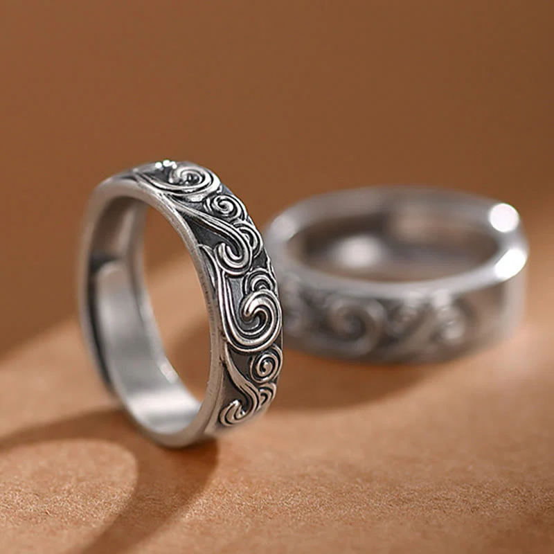 Anello regolabile con incisione e benedizione Buddha Stones in argento sterling 999 con nuvole di buon auspicio