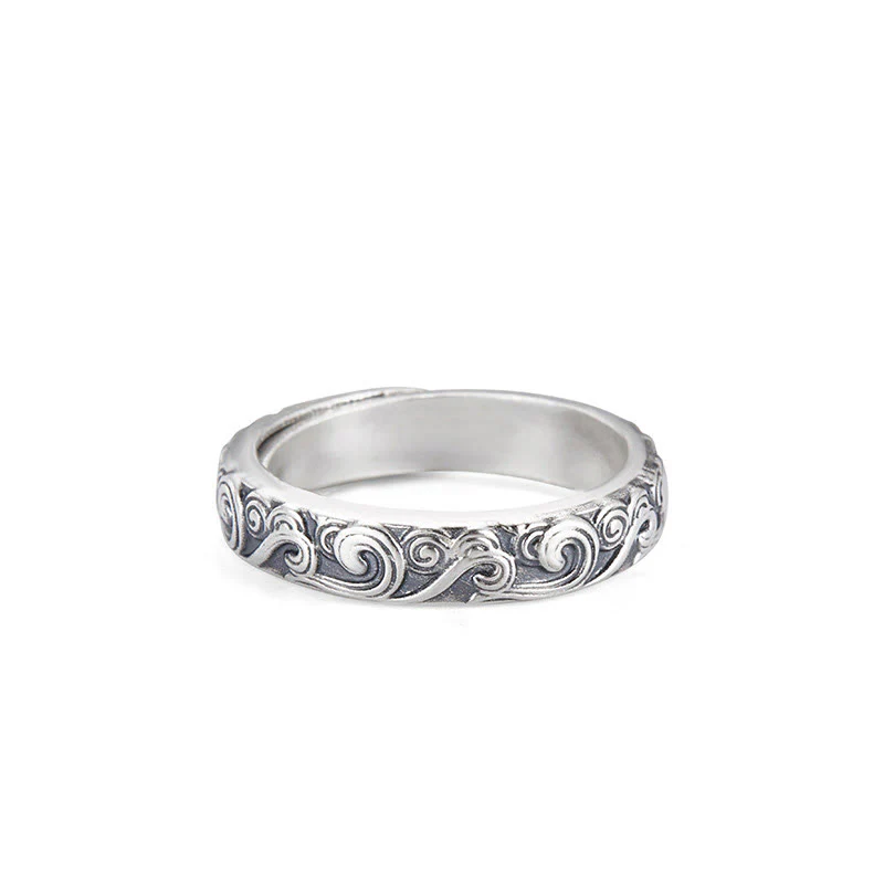 Anello regolabile con incisione e benedizione Buddha Stones in argento sterling 999 con nuvole di buon auspicio - Image 2