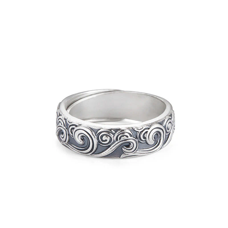 Anello regolabile con incisione e benedizione Buddha Stones in argento sterling 999 con nuvole di buon auspicio - Image 3