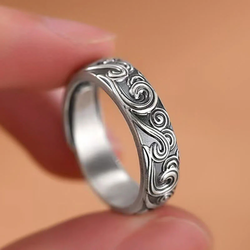 Anello regolabile con incisione e benedizione Buddha Stones in argento sterling 999 con nuvole di buon auspicio - Image 4