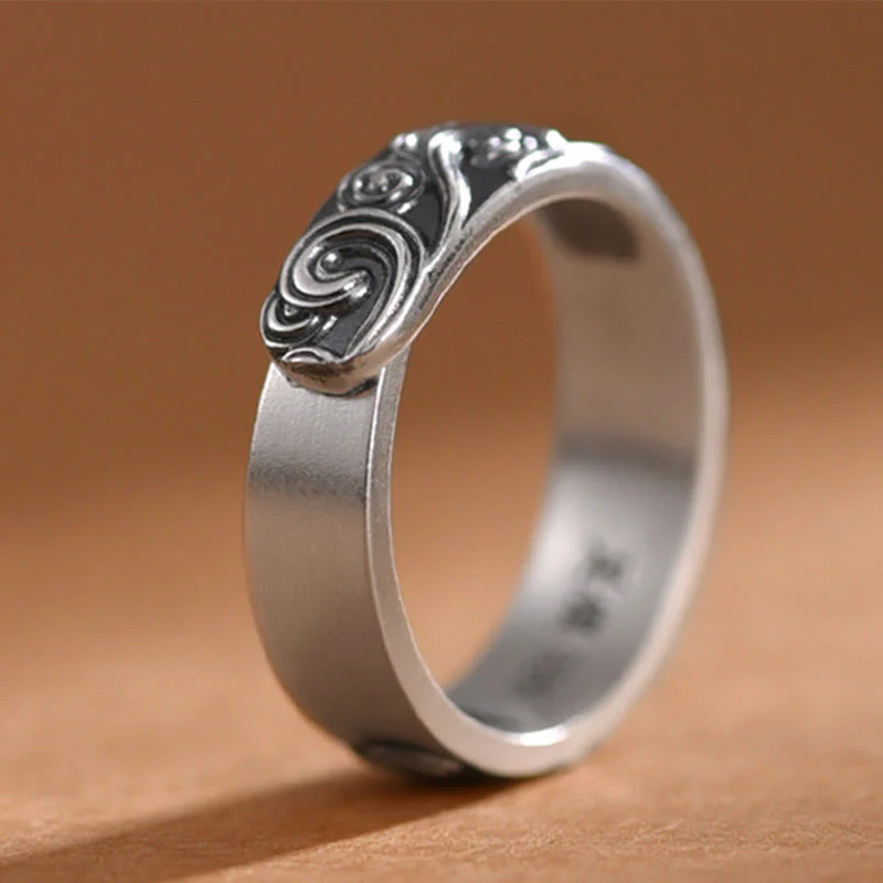 Anello regolabile con incisione e benedizione Buddha Stones in argento sterling 999 con nuvole di buon auspicio - Image 5