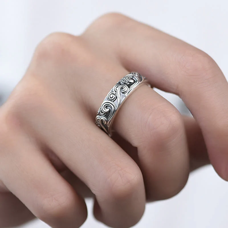 Anello regolabile con incisione e benedizione Buddha Stones in argento sterling 999 con nuvole di buon auspicio - Image 9