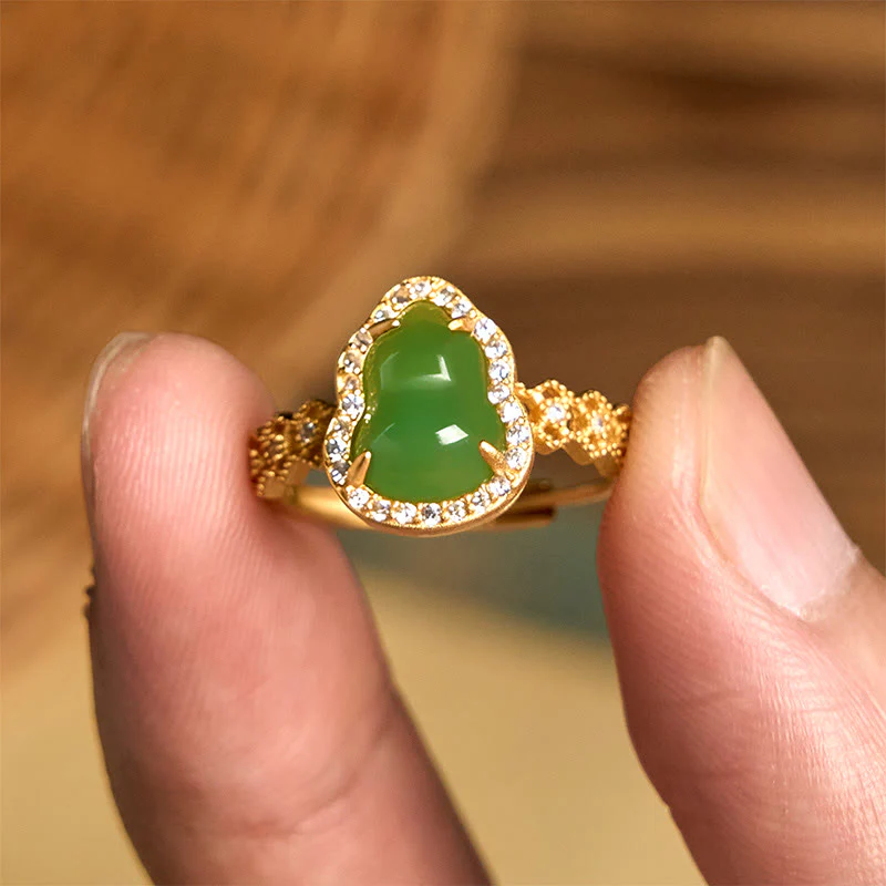 Anello regolabile in oro placcato rame con Buddha Stones, zucca vintage, calcedonio verde - Image 10