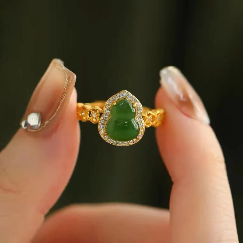 Anello regolabile in oro placcato rame con Buddha Stones, zucca vintage, calcedonio verde - Image 11