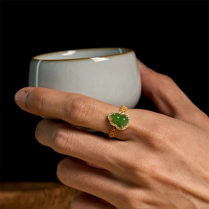 Anello regolabile in oro placcato rame con Buddha Stones, zucca vintage, calcedonio verde - Image 12