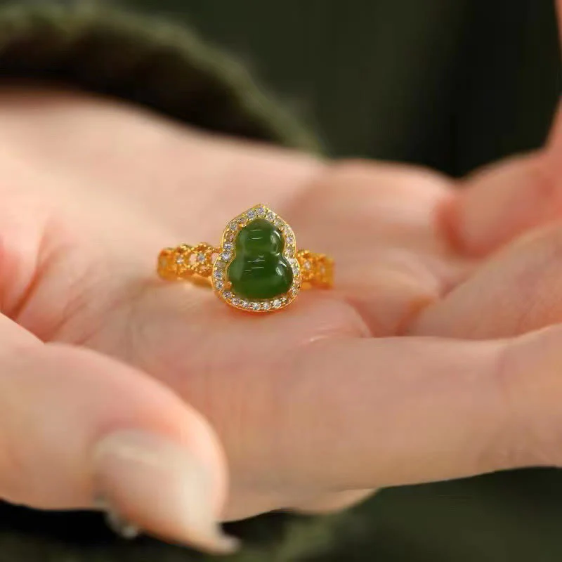 Anello regolabile in oro placcato rame con Buddha Stones, zucca vintage, calcedonio verde - Image 13