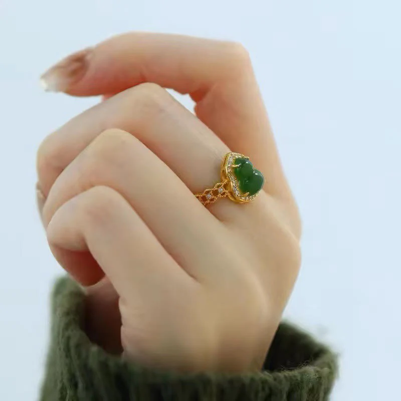 Anello regolabile in oro placcato rame con Buddha Stones, zucca vintage, calcedonio verde - Image 14