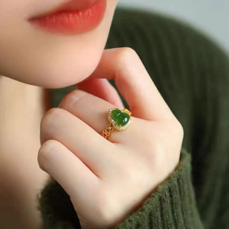Anello regolabile in oro placcato rame con Buddha Stones, zucca vintage, calcedonio verde - Image 16