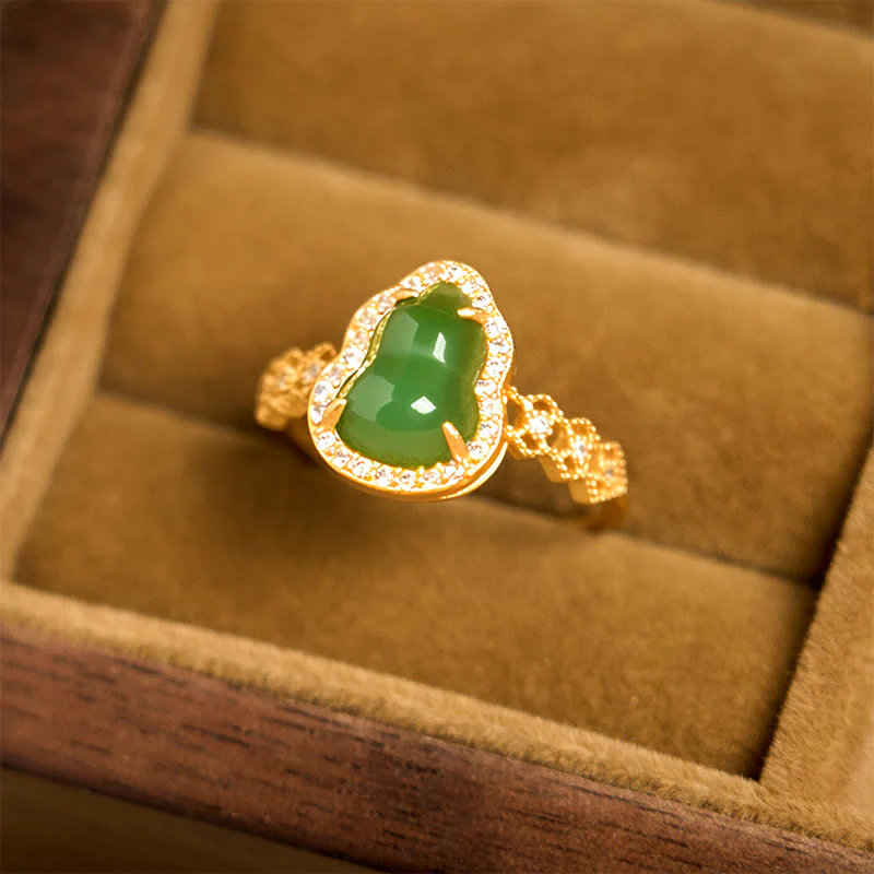 Anello regolabile in oro placcato rame con Buddha Stones, zucca vintage, calcedonio verde - Image 3