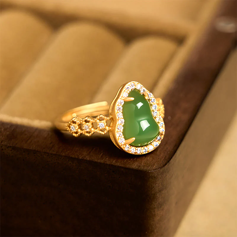 Anello regolabile in oro placcato rame con Buddha Stones, zucca vintage, calcedonio verde - Image 4