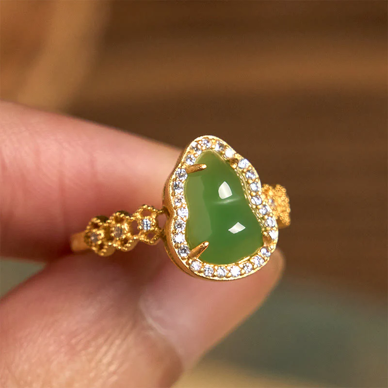 Anello regolabile in oro placcato rame con Buddha Stones, zucca vintage, calcedonio verde - Image 9