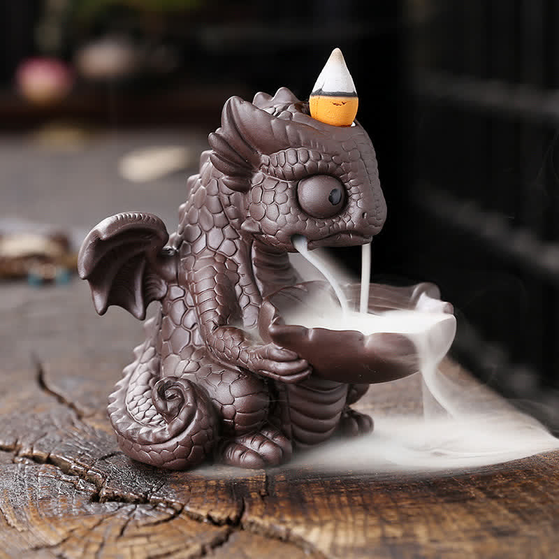 Bella fontana di fumo a riflusso in argilla viola con dinosauro, decorazione per bruciatore di incenso curativo - Image 5