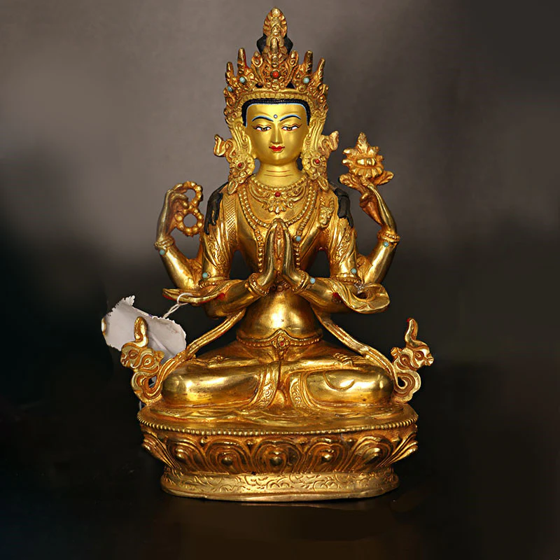 Bodhisattva Tara Chenrezig Avalokitesvara a quattro braccia Protezione Statua placcata in oro e rame Decorazione - Image 6