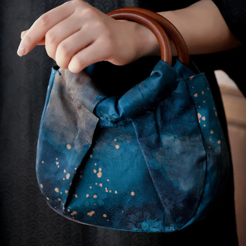Borsa a mano con manico in legno blu con fiori in jacquard fatti a mano Buddha Stones - Image 10