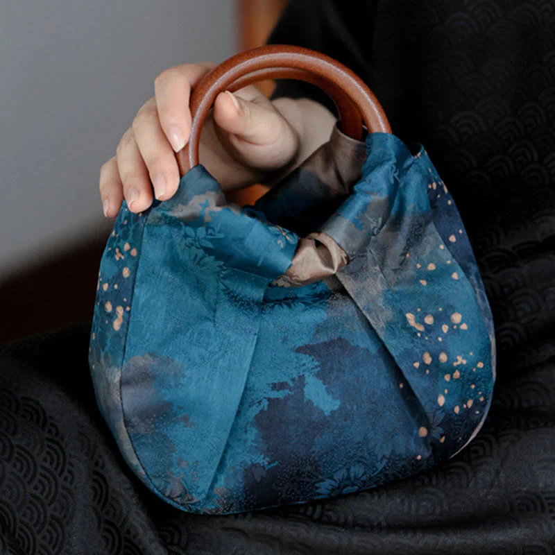 Borsa a mano con manico in legno blu con fiori in jacquard fatti a mano Buddha Stones - Image 12