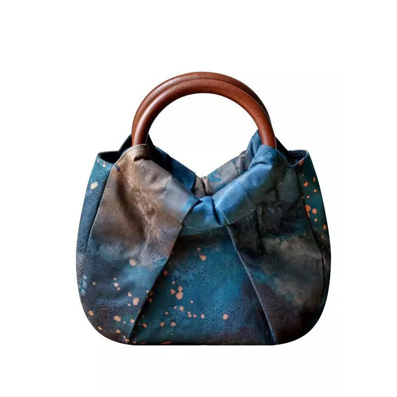 Borsa a mano con manico in legno blu con fiori in jacquard fatti a mano Buddha Stones - Image 16