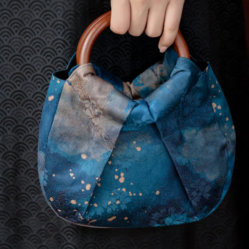 Borsa a mano con manico in legno blu con fiori in jacquard fatti a mano Buddha Stones - Image 3