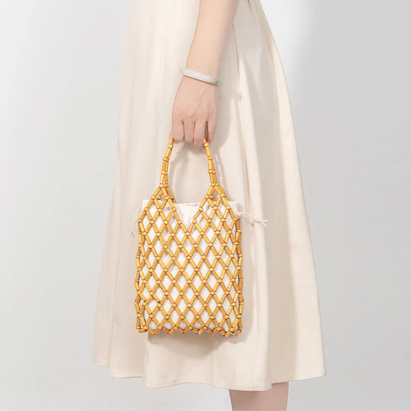 Borsa a mano con perline di legno cave intrecciate a mano in Buddha Stones - Image 17