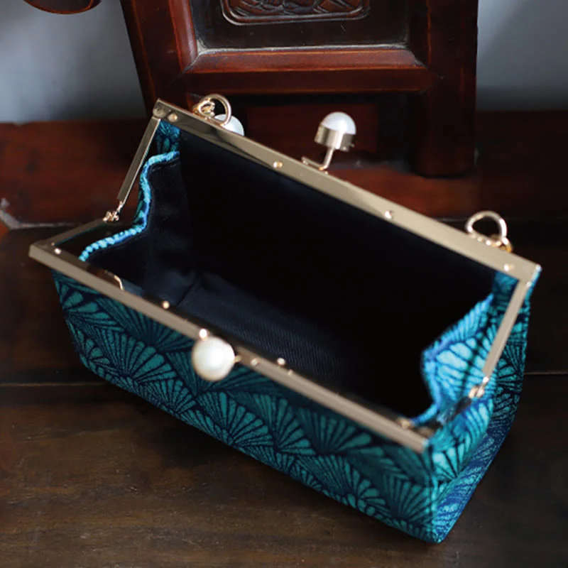 Borsa a mano in metallo perlato con motivo a foglia blu pavone vintage Buddha Stones - Image 3