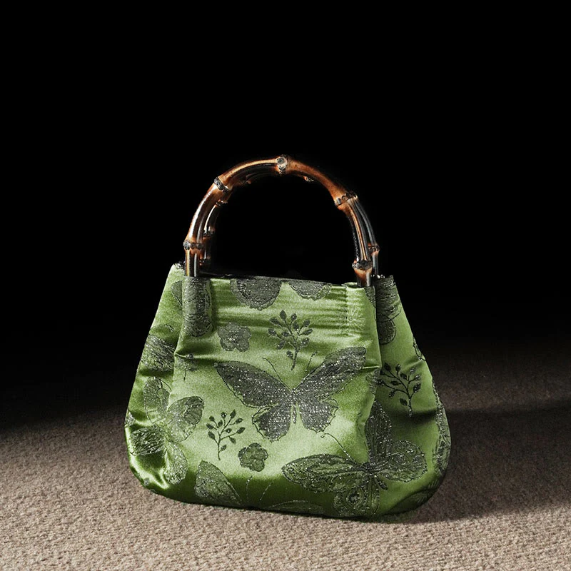 Borsa a tracolla con catena in metallo e manico in bambù, motivo : Buddha Stones Jacquard Flowers Butterfly Hangbags