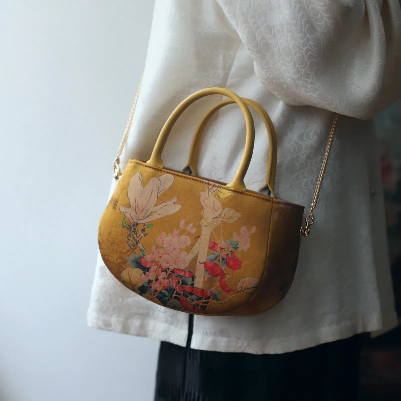 Borsa a tracolla con cerniera in metallo con catena di metallo, motivo : Buddha Stones, vintage, fiore, peonia