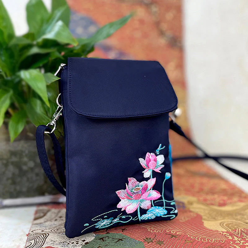 Borsa a tracolla con fiori di loto ricamati a mano, impermeabile , Buddha Stones , borsa per cellulare - Image 16