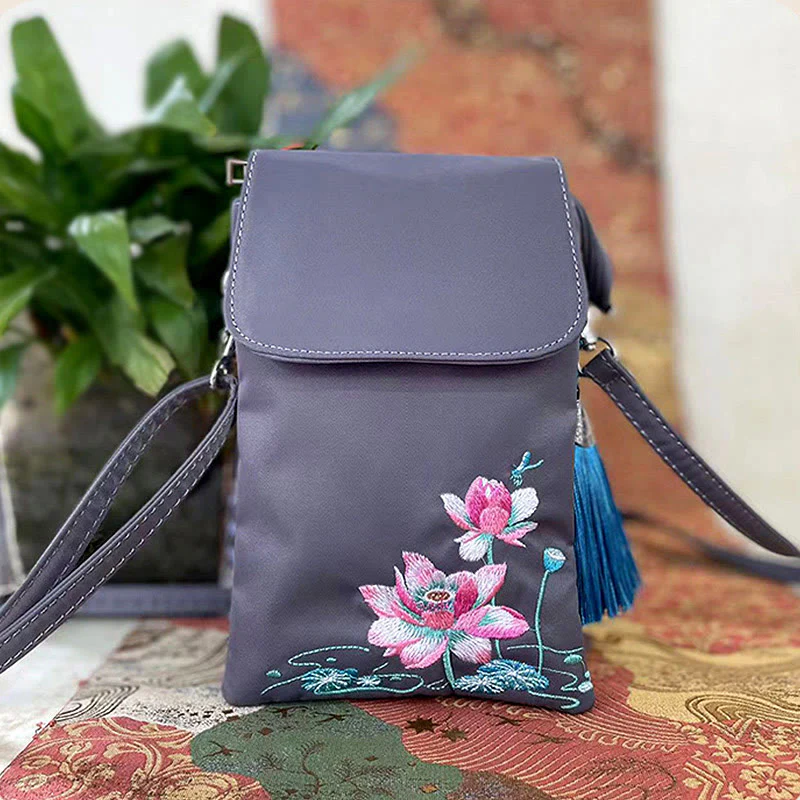 Borsa a tracolla con fiori di loto ricamati a mano, impermeabile , Buddha Stones , borsa per cellulare - Image 24