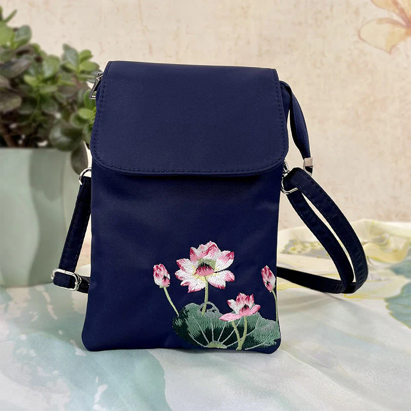 Borsa a tracolla con fiori di loto ricamati a mano, impermeabile , Buddha Stones , borsa per cellulare - Image 3