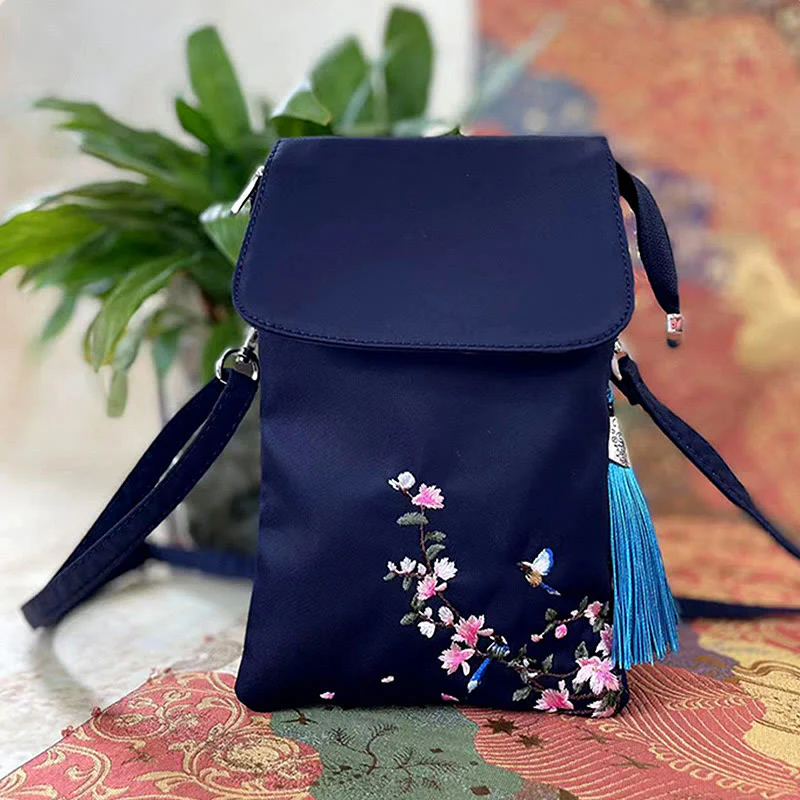 Borsa a tracolla con fiori di loto ricamati a mano, impermeabile , Buddha Stones , borsa per cellulare - Image 5