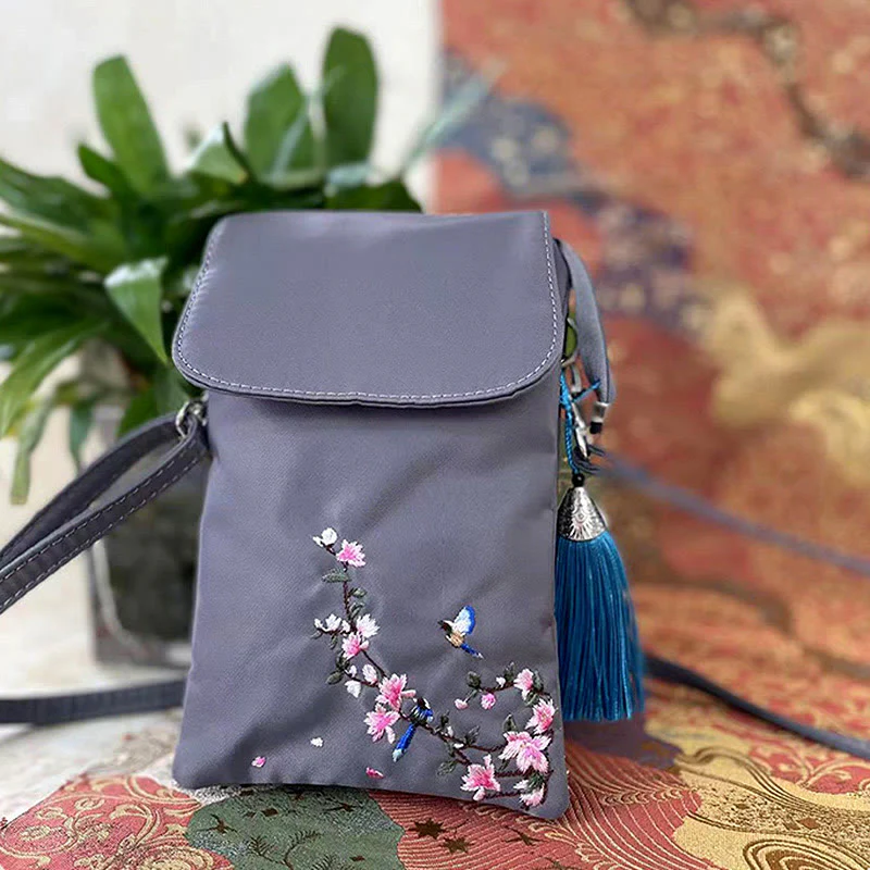 Borsa a tracolla con fiori di loto ricamati a mano, impermeabile , Buddha Stones , borsa per cellulare - Image 9