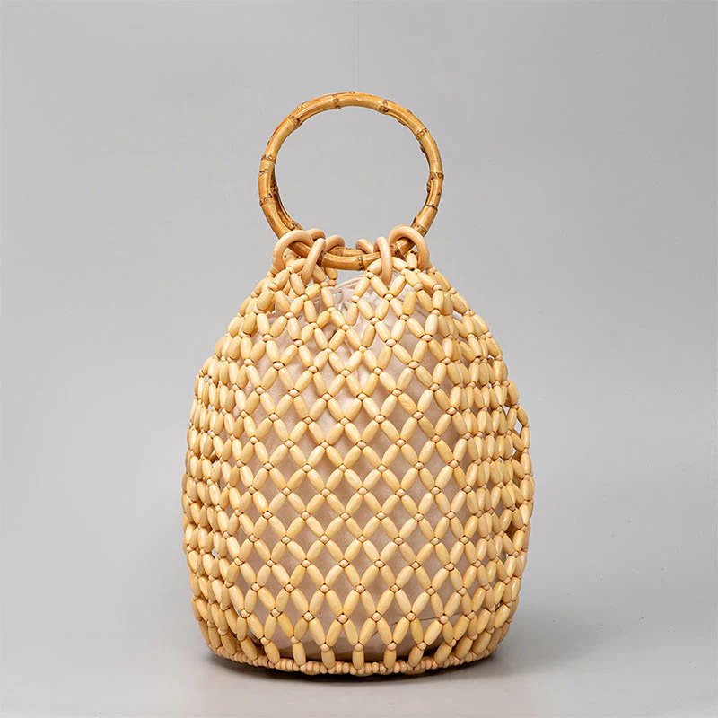 Borsa a tracolla con manico in bambù, perline di legno intrecciate a mano , Buddha Stones