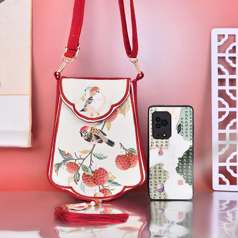 Borsa a tracolla con nappa e ricamo di lychee con Buddha Stones, borsa a tracolla - Image 2