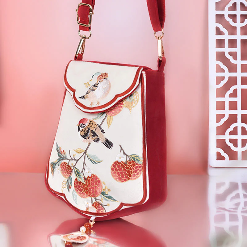Borsa a tracolla con nappa e ricamo di lychee con Buddha Stones, borsa a tracolla - Image 3