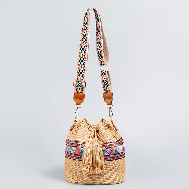 Borsa a tracolla con nappe, motivo : Buddha Stones Beach Geometry, in paglia intrecciata - Image 4