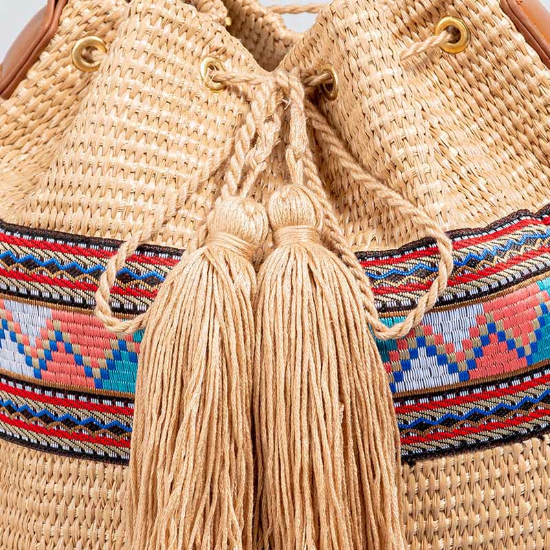 Borsa a tracolla con nappe, motivo : Buddha Stones Beach Geometry, in paglia intrecciata - Image 7