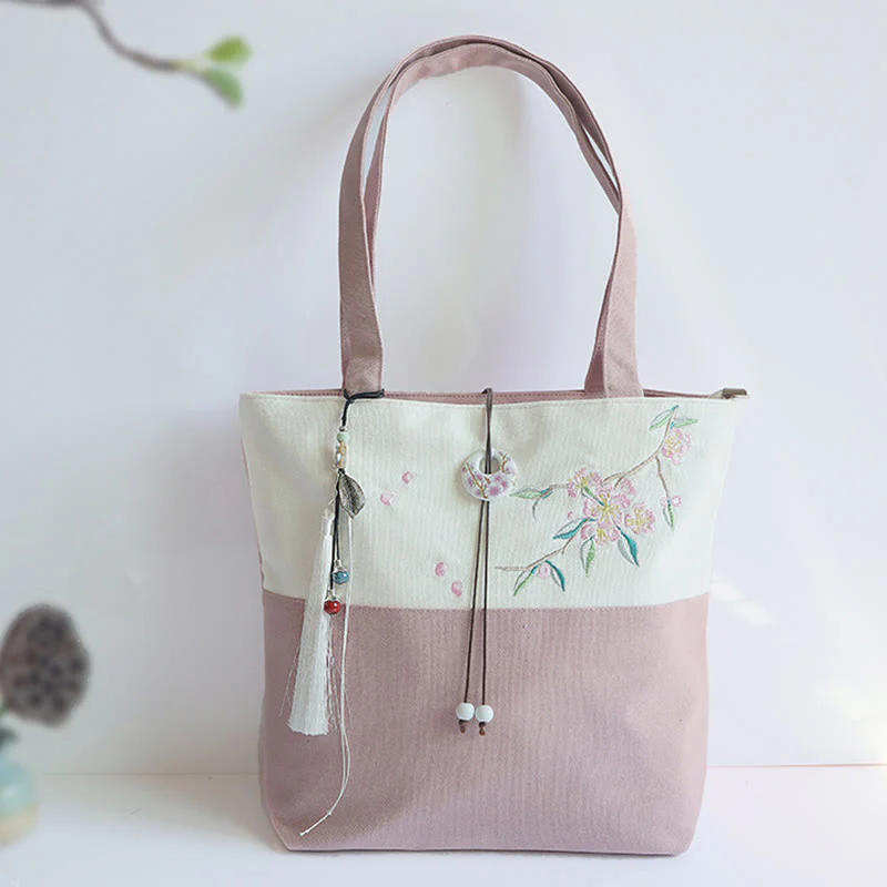 Borsa a tracolla grande capacità in tela con ricamo in bambù, prugna, fiore di pera, pesco - Image 33